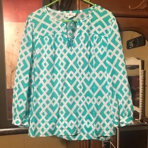 Vineyard Vines Teal and White Geometric Long Sleeve Blouse